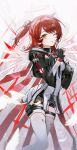  1girl absurdres arknights black_gloves black_jacket commentary detached_wings english_commentary exusiai_(arknights) exusiai_the_new_covenant_(arknights) fingerless_gloves gloves halo highres jacket looking_at_viewer medium_hair mewem333 one_side_up red_hair shirt solo thighhighs traditional_halo white_thighhighs wings yellow_eyes 