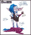 after_transformation alternate_species areola arm_tattoo big_ears blue_hair border bottle braided_hair breasts choker clothing container darkminou dialogue eyelashes female fingerless_gloves fur gloves grey_body grey_border grey_fur hair handwear hi_res holding_bottle holding_container holding_object holding_potion humanoid humanoid_pointy_ears jewelry jinx_(lol) league_of_legends leg_tattoo necklace nipples one_breast_out pink_eyes pointy_ears potion purple_areola purple_nipples riot_games simple_background small_breasts solo tattoo tencent text thigh_tattoo twintails_(hairstyle) white_background yordle