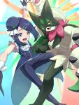  1girl black_hair blue_eyes body_fur commentary_request cowlick eyelashes furry furry_female gloves green_fur hair_bun hair_ornament hairclip hat highres itsudzumi liko_(pokemon) long_hair looking_at_viewer meowscarada multicolored_hair open_mouth pants pokemon pokemon_(anime) pokemon_(creature) pokemon_horizons puffy_sleeves red_eyes shirt smile vest 