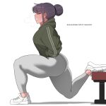  1girl ass breasts clenched_teeth closed_eyes commentary english_commentary exercising green_jacket grey_pants hair_bun highres jacket oddsnail original pants pose_request purple_hair shoes sidelocks sneakers striped_clothes striped_jacket teeth white_shoes yoga_pants 