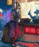 absurd_res anthro asian_clothing avian background_character beer_bottle bottle carduelis chinese_clothing clothing container duo east_asian_clothing fast_food_restaurant feathers food fur gryphon hanfu hi_res holding_object hybrid looking_at_another male multicolored_body mythological_avian mythological_creature mythology neon_sign night sign solo_focus standing street text yellow_eyes