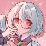  1girl 2091966 bespectacled bow bowtie chinese_commentary closed_mouth commentary_request dress feathered_wings glasses grey_hair grey_jacket grey_wings highres jacket kishin_sagume looking_at_viewer open_clothes open_jacket pink_background portrait purple_dress red_bow red_bowtie red_eyes round_eyewear semi-rimless_eyewear single_wing smile solo teardrop-framed_glasses touhou under-rim_eyewear wings 