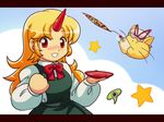  blonde_hair cat cup hat horn hoshiguma_yuugi long_hair red_eyes ribbon sakazuki solo star takemoto_izumi_(style) tdk touhou 