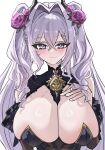  1girl azur_lane black_dress blush breasts cleavage closed_mouth commentary_request crossed_bangs dress drill_hair drill_sidelocks flower hair_flower hair_intakes hair_ornament hand_on_own_chest highres huge_breasts looking_at_viewer purple_eyes purple_flower sidelocks smile solo tiger_(azur_lane) tsuchi_(xger4434) twintails upper_body white_hair 