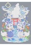  2girls animal_ears blue_boots blue_coat blue_eyes blunt_bangs blush boots bright_pupils buttons child closed_mouth coat commentary_request fish fox fox_ears fox_girl fox_mask fox_tail full_body goldfish grey_background highres holding holding_mask hood hood_up hooded_coat letterboxed mask multiple_girls open_mouth original po!_(popoemo) rubber_boots short_hair smile standing tail thick_eyebrows torii white_coat white_hair white_pupils 