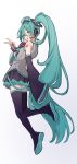  1girl black_bow black_bowtie black_shoes black_skirt black_sleeves black_thighhighs blue_hair blue_necktie blue_shirt blue_shoes blue_skirt blue_sleeves blue_thighhighs bow bowtie character_name commentary_request different_zoom_layer earpiece english_text full_body green_eyes grey_shirt hair_between_eyes happy_birthday hatsune_miku headphones highres long_hair looking_at_viewer looking_back multicolored_shoes multicolored_thighhighs necktie open_mouth red_bow red_bowtie shigupon shirt shoes shoulder_tattoo simple_background skirt sleeveless sleeveless_shirt sleeves_past_fingers sleeves_past_wrists solo tattoo thighhighs twintails two-tone_bow two-tone_bowtie two-tone_shoes two-tone_skirt two-tone_sleeves two-tone_thighhighs very_long_hair vocaloid white_background zoom_layer 
