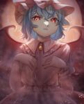  1girl bat_wings blue_hair collared_shirt commentary_request frilled_shirt_collar frills full_moon hair_between_eyes hasukappu hat hat_ribbon highres looking_at_viewer medium_hair mob_cap moon night pink_hat pink_shirt pink_skirt red_eyes red_moon red_nails remilia_scarlet ribbon shirt single_wrist_cuff skirt skirt_set solo touhou wings wrist_cuffs zun_pose 