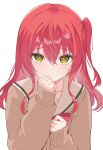  1girl absurdres blush bocchi_the_rock! bow brown_cardigan cardigan chest_bow clenched_hands closed_mouth commentary crossed_bangs eyelashes eyes_visible_through_hair furrowed_brow hair_between_eyes hands_up highres kita_ikuyo long_hair looking_at_viewer one_side_up red_bow red_hair sailor_collar school_uniform serafuku shiomoe000 shy sidelocks simple_background sleeves_past_wrists solo split_mouth upper_body upturned_eyes white_background white_sailor_collar yellow_eyes 