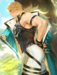  1boy abs armor ass bara black_gloves black_shirt blonde_hair blue_sky breastplate bulge coat commentary english_commentary fingerless_gloves from_side fur-trimmed_coat fur_trim genshin_impact gloves grass green_coat highres male_focus muscular muscular_male pants pectorals profile shirt single_fingerless_glove sky sleeveless sleeveless_shirt sweat tree uyouu19 varka_(genshin_impact) white_pants 