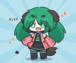  1girl :d alternate_hairstyle animal_ears black_boots black_shirt black_skirt blue_background blush boots collared_shirt commentary_request detached_sleeves dog_ears dog_girl dog_tail fang green_eyes green_hair highres jacket kasodani_kyouko long_sleeves motion_lines parted_bangs pink_jacket pink_sleeves sea_urchin shadow shirt short_eyebrows skirt sleeveless sleeveless_jacket sleeves_past_wrists smile solo sparkle sunburst sunburst_background tail thick_eyebrows thigh_boots touhou translation_request twintails uni_souchou 
