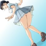  1girl arms_at_sides ass ass_peek basori_tiara black_hair blue_background blue_eyes breasts collared_shirt commentary from_behind from_below full_body gradient_background grey_skirt hair_bun kneepits loafers looking_at_viewer looking_back looking_down make_heroine_ga_oo_sugiru! medium_breasts mole mole_on_neck multicolored_hair no_socks open_mouth ruri_(ruri_) school_uniform shirt shoes short_hair skirt smile solo summer_uniform thighs tsuwabuki_high_school_uniform white_shirt 