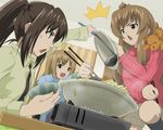  3girls ahoge bowl brown_hair chestnut_mouth chopsticks food fujioka-kuma ladle long_hair minami-ke minami_chiaki minami_haruka minami_kana multiple_girls nabe pot shorts siblings sisters stew stuffed_animal stuffed_toy teddy_bear triangle_mouth twintails urabi_(tomatohouse) 