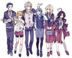  2boys 4girls :d absurdres ahoge bari_(project_moon) bike_shorts bike_shorts_under_skirt black_pants black_shoes black_shorts blonde_hair blue_eyes blue_hair blush_stickers curiambro_(project_moon) don_quixote_(project_moon) drink_carton dulcinea_(project_moon) expressionless grey_hair heart heart_ahoge highres hoo9q9 la_manchaland's_don_quixote_(project_moon) limbus_company long_hair looking_at_another looking_at_viewer multicolored_hair multiple_boys multiple_girls nicolina_(project_moon) open_mouth pants pleated_skirt project_moon red_eyes red_shoes red_skirt sancho_(project_moon) school_uniform shoes shorts simple_background single_blush_sticker skirt smile streaked_hair white_background 