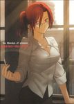  absurdres aozaki_touko breasts cigarette cleavage glasses highres kara_no_kyoukai large_breasts red_eyes red_hair scan sleeves_rolled_up smoking solo takeuchi_takashi 