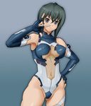  \m/ ahoge armpits bangs bare_shoulders blue_eyes blue_gloves blue_leotard breasts breasts_apart cameltoe covered_navel covered_nipples cowboy_shot elbow_gloves facial_mark fingerless_gloves frown gloves gradient gradient_background green_hair groin hair_between_eyes halterneck hand_on_hip hand_up highleg highleg_leotard hips impossible_clothes impossible_leotard kannagi_itsuki large_breasts leotard looking_at_viewer pilot_suit serious shiro_(reta) skin_tight solo sora_wo_kakeru_shoujo thigh_strap turtleneck 