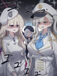  3girls absurdres aiguillette balenjeong beret black_hat blonde_hair blonde_student_council_president_(blue_archive) blue_archive blue_eyes blue_halo breasts coat coat_on_shoulders commentary_request epaulettes grey_hair halo hat highres korean_commentary long_hair long_single_sidelock long_sleeves medium_breasts minato_(blue_archive) multicolored_hair multicolored_halo multiple_girls partially_shaded_face peaked_cap pink_halo pink_streaks purple_eyes short_hair shoulder_strap side_ponytail single_epaulette streaked_hair sumika_(blue_archive) thick_thighs thighs two-tone_halo very_long_hair whale_earrings white_halo white_hat 