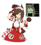 2girls animal_ears apron archives.gokulism breasts brown_hair brown_nails candy cleavage clothing_cutout clover_hair_ornament fine_motion_(umamusume) food frilled_wrist_cuffs frills green_eyes hair_between_eyes hair_ornament heart_on_chest highres holding holding_candy holding_food holding_lollipop horse_ears horse_girl horse_tail ines_fujin_(melty_gift)_(umamusume) ines_fujin_(umamusume) jewelry large_breasts lollipop maid_headdress meme multicolored_hair multiple_girls necklace parted_lips red_apron red_scrunchie red_skirt scrunchie shirt short_sleeves shoulder_cutout side_ponytail skirt sweat tail umamusume waitress white_shirt wrist_cuffs 