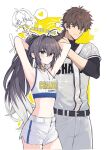  1boy 1other adjusting_hair ahoge ball baseball_(object) belt black_belt black_hair black_undershirt braid brown_hair clothes_writing commentary_request cropped_shirt english_text fate/samurai_remnant fate_(series) gold_choker hair_intakes hand_on_own_shoulder heart high_ponytail highres hoshizukiyo_(enneanuage) light_blush long_hair long_sleeves looking_at_another medium_hair midriff miyamoto_iori_(fate) navel pants pom_pom_(clothes) ponytail shirt short_sleeves shorts single_braid sleeveless sleeveless_shirt spoken_heart white_belt white_pants white_shirt white_shorts yamato_takeru_(fate) yellow_eyes 