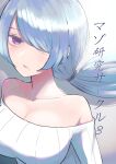  1girl absurdres bare_shoulders blue_hair breasts cleavage closed_mouth collarbone commentary_request cover cover_page hair_between_eyes hair_over_one_eye highres light_blush lips long_hair looking_at_viewer magazine_cover medium_breasts mole mole_under_mouth off-shoulder_shirt off_shoulder original ponytail purple_eyes roki_2023 shirt simple_background solo upper_body white_shirt 
