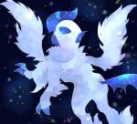  absol asymmetrical_horns blue_horns claws commentary_request digi_tallop highres horns mega_absol mega_pokemon no_humans one_eye_covered pokemon pokemon_(creature) pokemon_focus red_eyes solo white_fur white_wings wings 