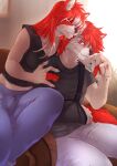 anthro arm_cast birthmark brother_(lore) brother_and_sister_(lore) canid canine canis cast chair comforting comforting_another duo eye_patch eyewear female furniture hi_res male mammal markings michael_thumpings_(darkflamewolf) nina_thumpings_(darkflamewolf) sibling_(lore) sister_(lore) sitting sunnyowi wolf wounded