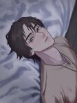  1boy bed bed_sheet brown_hair commentary_request eren_yeager from_above green_eyes grey_shirt hair_between_eyes head_back highres indoors kana_cat looking_at_viewer male_focus parted_bangs parted_lips shingeki_no_kyojin shirt short_hair solo upper_body wooden_floor 