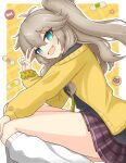  1girl :d absurdres bandaid black_shirt blue_eyes blue_nails blush brown_hair cardigan commentary_request fang feet_out_of_frame fingernails highres kasukabe_tsumugi long_hair long_sleeves looking_at_viewer loose_socks miniskirt one_side_up open_cardigan open_clothes open_mouth plaid_clothes plaid_skirt purple_skirt shirt shonasan skirt smile socks solo v voicevox white_socks yellow_cardigan 