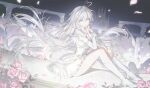  1girl absurdres ahoge breasts cleavage dress grey_hair heart heart_ahoge highres large_breasts long_hair long_sleeves looking_at_viewer original pink_eyes puffy_long_sleeves puffy_sleeves second-party_source smile solo spe_(speport) very_long_hair white_dress 