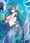 2026 absurd_res aquatic blue_eyes bracelet breasts clothed clothing covering covering_breasts ear_fins female fin genshin_impact hair hi_res humanoid_merfolk jewelry jimpu6 light_body light_skin long_hair looking_at_viewer merfolk mihoyo navel nipples solo split_form teal_hair topless topless_female underwater vodyanitsa_(genshin_impact) water