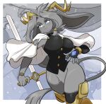 2026 accessory anthro antlers armor big_breasts black_clothing blue_eyes bottomless bottomless_anthro bottomless_female bovid bracelet breasts button_(fastener) cape caprine clothed clothing crotch_tuft digital_drawing_(artwork) digital_media_(artwork) dream_breaker_(pseudoregalia) eyelashes featureless_crotch felid feline female female_anthro fingerless_gloves floppy_ears fur gem gloves goat gold_(metal) gold_armor gold_jewelry greaves grey_body grey_fur grey_hair hair hair_accessory hair_ring handwear hi_res holding_melee_weapon holding_object holding_weapon horn hybrid jackalope jewelry lagomorph leporid looking_away lop_ears mammal melee_weapon missandydandy pseudoregalia rabbit sleeveless_topwear small_waist solo sybil_(pseudoregalia) topwear tuft vest weapon white_clothing wide_hips