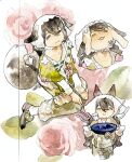  1girl =_= absurdres animal_ears bad_food brown_hair closed_eyes collarbone commentary_request cooking_pot degrees_of_lewdity double-parted_bangs facing_up facing_viewer floral_background flower fox_ears fox_girl fox_tail freckles from_above green_pants green_shawl gwylan_(degrees_of_lewdity) gwylan_(female)_(degrees_of_lewdity) hair_between_eyes headpat headscarf highres holding holding_cooking_pot long_hair long_sleeves multiple_views oven_mitts pants pink_flower pink_rose rose shawl shirt sitting skull smile tail v-neck watercolor_effect white_headscarf white_shirt zhoudesu233 