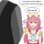  1girl 1other agnes_digital_(full-color_fangirling)_(umamusume) agnes_digital_(umamusume) animal_ears belt blue_eyes bow commentary cropped_shirt drawstring english_commentary english_text fingernails hair_bow highres horse_ears horse_girl it's_pride_month_you_know_what_that_means_(meme) jewelry korrectedtypo lgbt_pride long_hair meme midriff navel necklace open_mouth pearl_necklace pink_hair pride_month red_belt salute shirt short_sleeves simple_background trainer_(umamusume) two_side_up umamusume upper_body white_background white_shirt yellow_bow 