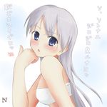  blue_eyes blush bra chin_rest eila_ilmatar_juutilainen grey_hair hanyu long_hair open_mouth signature solo strike_witches translated underwear world_witches_series 
