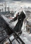  1girl architecture bakery bird brick_road building cathedral chimney church city cityscape commentary european_architecture floral_print gothic_architecture heterochromia high_up highres lamppost original scenery shop standing_on_roof steeple tower town watakokyu white_hair wind wind_lift 