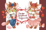  1boy 1girl :3 ;3 animal_ear_fluff animal_ears antlers barefoot blue_overalls blush_stickers brown_hair closed_mouth commentary_request cup deer_antlers deer_boy deer_ears deer_girl deer_tail disposable_cup drinking drinking_straw full_body furry furry_female furry_male green_eyes highres holding holding_cup horns long_sleeves looking_at_viewer multicolored_hair one_eye_closed original outside_border overalls pillarboxed po!_(popoemo) shirt short_hair smile standing streaked_hair striped_clothes striped_shirt swept_bangs tail thick_eyebrows vertical-striped_clothes vertical-striped_shirt white_shirt white_streaks 