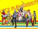  4girls amagi_yukiko androgynous band black_hair blue_hair brown_hair collared_shirt drum drum_set everyone full_body guitar hanamura_yousuke instrument keyboard_(instrument) kujikawa_rise kuma_(persona_4) kzhr looking_at_viewer multiple_boys multiple_girls narukami_yuu persona persona_4 satonaka_chie saxophone shirogane_naoto shirt short_sleeves silver_hair simple_background standing t-shirt tambourine tatsumi_kanji white_background 