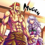  1girl alex_(street_fighter) blonde_hair blue_dress blue_eyes collarbone copyright_name crossover dress frills izayoi_sakuya looking_at_viewer m.u.g.e.n maid_headdress muscle pants puffy_short_sleeves puffy_sleeves shirosa short_sleeves silver_hair street_fighter topless touhou 