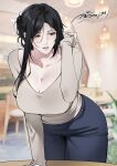  1girl absurdres adjusting_hair arm_support black_eyes black_hair blue_pants breasts cafe cleavage collarbone folded_ponytail gentlenuey grey_shirt highres indoors large_breasts leaning_forward leaning_on_table looking_to_the_side mole mole_under_eye mole_under_mouth original pants parted_bangs scoop_neck shirt table wooden_table 