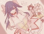  3girls :d ^_^ animal_ears asumi_kana blue_archive blue_hair blush bow breasts brown_eyes bubble_skirt chest_jewel cleavage closed_eyes cosplay fight_yoghurt gloves hair_bow hair_ornament halo izuna_(blue_archive) kaname_madoka kaname_madoka_(cosplay) kaname_madoka_(magical_girl) large_breasts long_hair magical_girl mahou_shoujo_madoka_magica mahou_shoujo_madoka_magica:_hangyaku_no_monogatari michiru_(blue_archive) mizuhashi_kaori momoe_nagisa momoe_nagisa_(cosplay) momoe_nagisa_(magical_girl) multiple_girls open_mouth pink_bow sepia short_hair skirt smile soul_gem_(madoka_magica) tomoe_mami tomoe_mami_(cosplay) tomoe_mami_(magical_girl) translation_request tsukuyo_(blue_archive) twintails voice_actor_connection white_gloves white_halo 