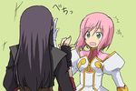  1girl artist_request black_hair embarrassed estellise_sidos_heurassein gloves green_eyes long_hair pink_hair short_hair slapping surprised tales_of_(series) tales_of_vesperia yuri_lowell 