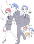  1boy 2girls amate_yuzuriha ando_chi aqua_eyes arrow_(symbol) black_pants black_suit blue_hair blush collared_shirt colored_inner_hair commentary_request formal_clothes gundam gundam_gquuuuuux high_heels highres jacket long_sleeves multicolored_hair multiple_girls necktie open_mouth orange_hair pant_suit pants ponytail purple_hair red_eyes red_hair shirt short_hair shuji_ito skirt skirt_suit smile speech_bubble squiggle suit suit_jacket thought_bubble translation_request two-tone_hair white_shirt 