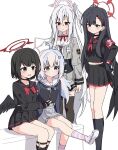  4girls absurdres ahoge armband asakurac4t black_choker black_gloves black_hair black_socks black_wings blue_archive blue_eyes blue_hair blue_jacket bow bowtie choker closed_mouth fingerless_gloves gloves grey_eyes grey_jacket hair_ornament hairclip halo hand_on_own_hip head_wings highres holding holding_notebook ichika_(blue_archive) jacket long_hair long_sleeves looking_at_another mashiro_(blue_archive) multicolored_hair multiple_girls neckerchief notebook open_mouth pink_hair red_armband red_bow red_bowtie red_eyes red_neckerchief reisa_(blue_archive) school_uniform simple_background single_wing sitting skirt socks standing suzumi_(blue_archive) twintails two-tone_hair v-shaped_eyebrows white_background white_hair white_skirt white_wings wings 