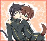  animal_ears bad_id bad_pixiv_id blush cat_ears catboy code_geass dog_ears dogboy green_eyes hug kururugi_suzaku lelouch_lamperouge male_focus maruki_(punchiki) multiple_boys one_eye_closed purple_eyes tail 