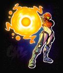  1girl anniversary arm_cannon armor artist_name assault_visor black_background blue_boots boots commentary english_commentary green_assault_visor gxlpics helmet highres metroid metroid_dread nebula official_alternate_costume power_armor power_suit_(metroid) red_helmet samus_aran science_fiction solo space star_(sky) starry_sky_background twitter_username weapon 