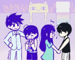  1girl 3boys antenna_hair artist_name aubrey_(headspace)_(omori) aubrey_(omori) big_yellow_cat_(omori) black_eyes black_hair black_tank_top blue_shirt brothers card checkered_clothes closed_eyes closed_mouth collared_pajamas colored_skin commentary crying english_commentary expressionless hero_(headspace)_(omori) hero_(omori) highres holding holding_card kel_(headspace)_(omori) kel_(omori) long_hair long_shirt long_sleeves looking_at_another multiple_boys omori omori_(omori) open_mouth pajamas pants purple_eyes purple_hair purple_shorts shirt short_hair short_sleeves shorts siblings sidelocks smile starlyfnnctn streaming_tears striped_clothes striped_pajamas striped_pants striped_shorts sweatdrop t-shirt tank_top tears twitter_username vertical-striped_clothes vertical-striped_pajamas vertical-striped_pants vertical-striped_shorts white_pajamas white_pants white_shorts white_skin 