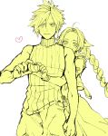  1boy 1girl aerith_gainsborough ahoge arm_around_another's_back ashinamaturi bangle bare_arms bare_shoulders blush bracelet braid braided_ponytail cloud_strife commentary_request cowboy_shot cropped_jacket dress final_fantasy final_fantasy_vii final_fantasy_vii_remake furrowed_brow hair_between_eyes hair_ribbon heart heart_hands heart_hands_duo hetero highres jewelry light_frown limited_palette long_dress long_hair multiple_bracelets pants parted_bangs ribbed_shirt ribbon shirt short_hair sidelocks single_braid sleeveless sleeveless_turtleneck smile spiked_hair sweatdrop turtleneck white_background 