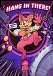 2026 3_toes 4_fingers accessory anthro arrow_(weapon) atari barefoot blue_eyes bobcat bodily_fluids bomb bottomless bubsy_(series) bubsy_4d bubsy_bobcat cannon claws clothed clothing detailed_background dialogue english_text explosives fangs feet felid feline finger_claws fingers fire flamethrower fur gesture grimbogrim hang_in_there hi_res inner_ear_fluff jacket lynx male mammal necktie nervous one_leg_up orange_body orange_fur paws plantigrade raised_leg ranged_weapon red_necktie rope saw soles solo spikes sweat sweatdrop teeth text toe_claws toes tools topwear torch tuft violence waving weapon white_clothing white_jacket white_topwear worried_look