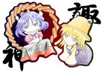  :3 blonde_hair blue_hair chibi hat moriya_suwako multiple_girls ryouko_(pixiv342653) touhou traditional_media yasaka_kanako 