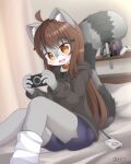 accessory ahoge anthro apple_inc. bed bed_sheet bedding bedroom bottomwear brown_eyes brown_hair clothing collar controller cute_fangs dakeneshi domestic_cat electronics fangs felid feline felis feminine fur furniture game_case game_controller gaming grey_body grey_clothing grey_fur grey_sweater grey_topwear hair hair_accessory hairpin headphones headphones_around_neck hi_res hoodie inner_ear_fluff ipod kemono long_hair looking_at_viewer loose_socks male mammal markings mottled on_bed open_mouth piebald playing_video_game playstation playstation_portable portable_music_player red_collar shorts sitting smile solo sony_corporation sony_interactive_entertainment spats sweater tail tail_markings teeth topwear tuft white_body white_fur