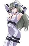  1girl absurdres adjusting_hair bodysuit breasts cleavage commentary_request gloves grey_hair hair_tie_in_mouth highres honkai_(series) honkai_impact_3rd koitimon8 long_hair looking_at_viewer medium_breasts mouth_hold official_alternate_costume purple_eyes simple_background solo very_long_hair vita_(bodysuit)_(honkai_impact) vita_(honkai_impact) white_background white_bodysuit white_gloves 